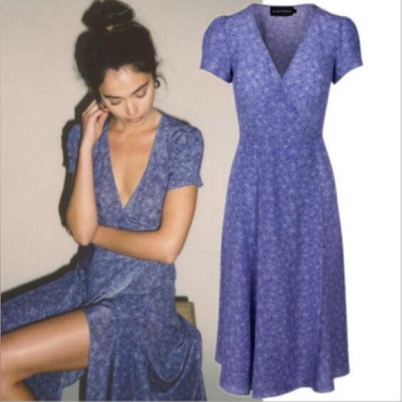 Realisation Par Dresses & Skirts - Realisation Par Teale Floral Silk Short Sleeve Tie Waist Wrap Midi Dress Purple
